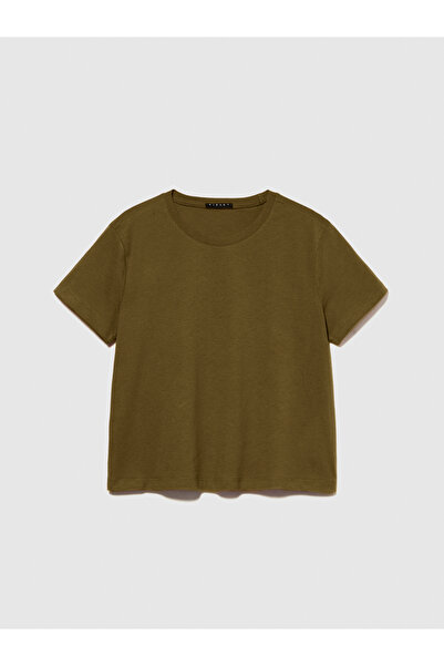 Sisley Γυναικείο μπλουζάκι σκούρο χακί 100% βαμβακερό με λαιμόκοψη και χαλαρή εφαρμογή