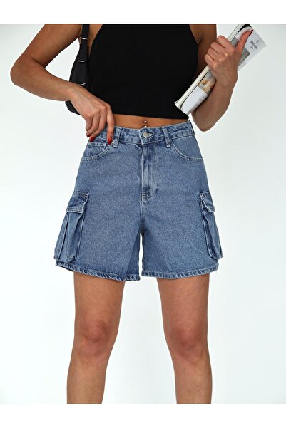 XBELLA DENİM Kadın Yüksek Bel Kargo Cep Ve Pens Detaylı Denim Şort