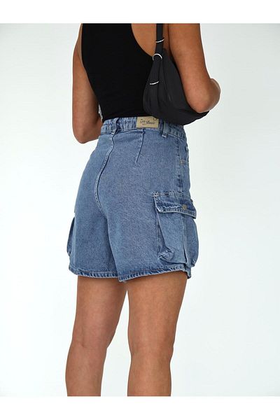 XBELLA DENİM Pantaloni scurți din denim cu talie înaltă pentru femei, cu buzunar cargo și detaliu de clemă