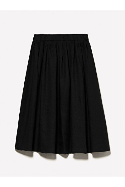 Sisley Women's Black 100% Linen Elastic Waist Pleated Slightly Flared Knee Length Skirt