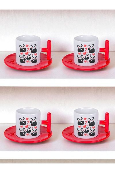 lili hediyelik Heart and Panda Printed Set of 4 Turkish Coffee Cups
