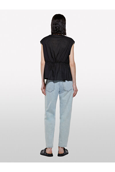 Sisley Women's Black 100% Cotton Gathered Sleeveless V Neck Blouse