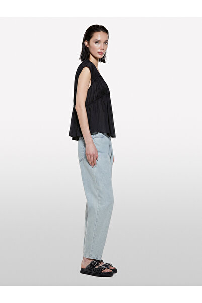 Sisley Women's Black 100% Cotton Gathered Sleeveless V Neck Blouse