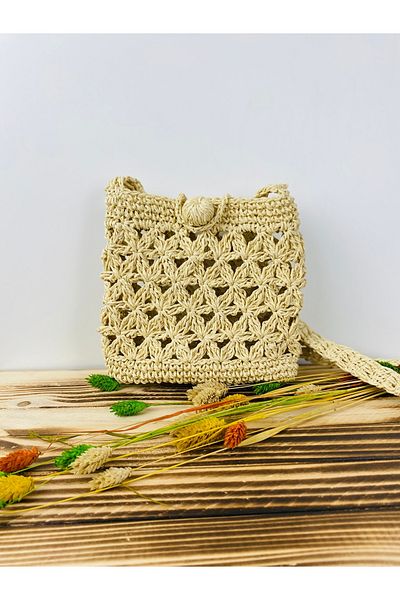 PACHİRA Knitted Shoulder Bag with Paper Rope Straw Strap - Phone Bag Width 18cm Length 19 cm Strap 135 cm