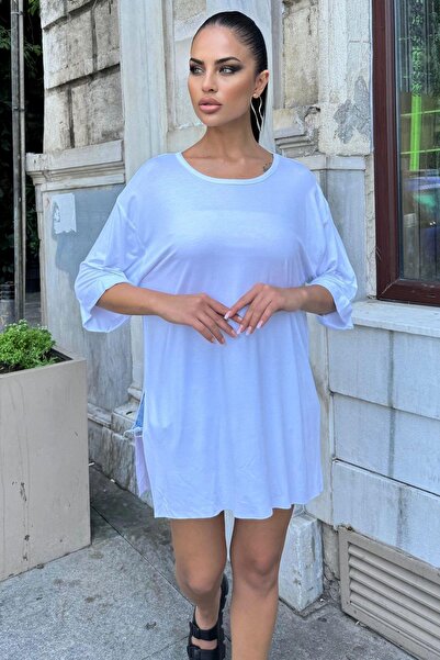 NEW LAVİVA Γυναικείο λευκό μπλουζάκι Casual Crew Neck Basic με σχισμή - 700-3241