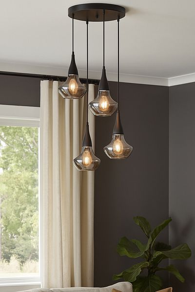 Modavize Fora Special Design 4-Piece Chandelier - Black Smoke Glass Pendant Lamp, for Living Room and Kitchen