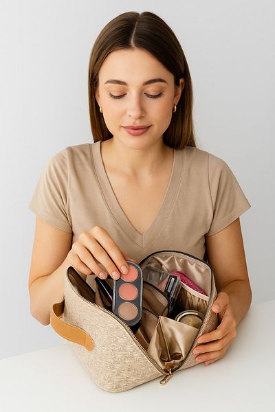 lizy's Τσάντα μακιγιάζ Noya Beige με ψάθινο σχέδιο