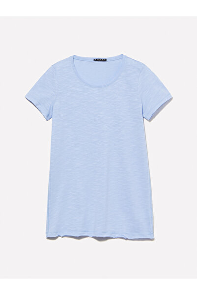 Sisley Women's Light Blue Cotton Modal Blended Crew Neck T-Shirt