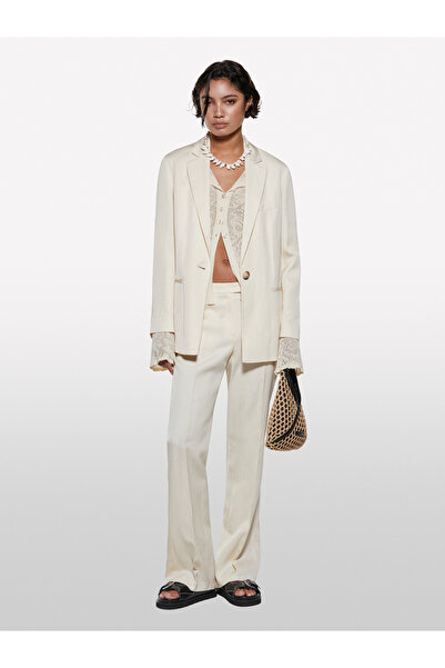 Sisley Γυναικείο μπλέιζερ oversized με λινό μείγμα σαμπάνιας με κορδόνια