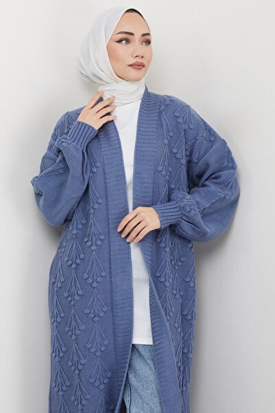 hafsamina Μακρύ πλεκτό ζακέτα με σχέδιο κερασιού Indigo HM2334