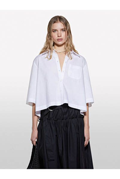 Sisley Cămașă albă pentru femei, 100% bumbac, cu detaliu plisat, oversize, cu jumătate de mânecă