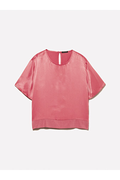 Sisley Women's Dark Pink 100% Viscose Side Slit Oversize Crew Neck Satin Blouse