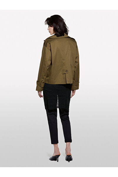 Sisley Kadın Koyu Haki Pamuklu Kruvaze Kısa Trençkot