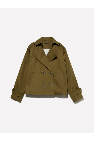 Sisley Kadın Koyu Haki Pamuklu Kruvaze Kısa Trençkot