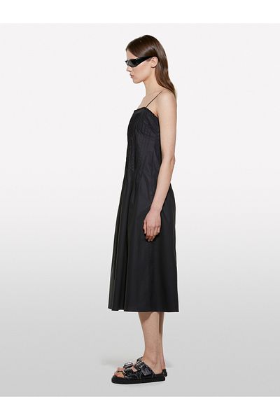 Sisley Women's Black 100% Cotton Pleated Plain Collar Strap Poplin Dress