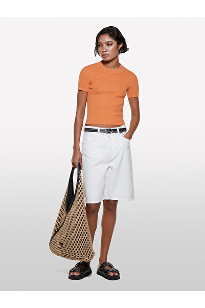 Sisley Women's Orange Linen Blended Slim Fit Short Sleeve Sweater