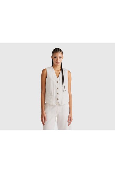 United Colors of Benetton Women's White Lyocell Blended V-Neck Vest