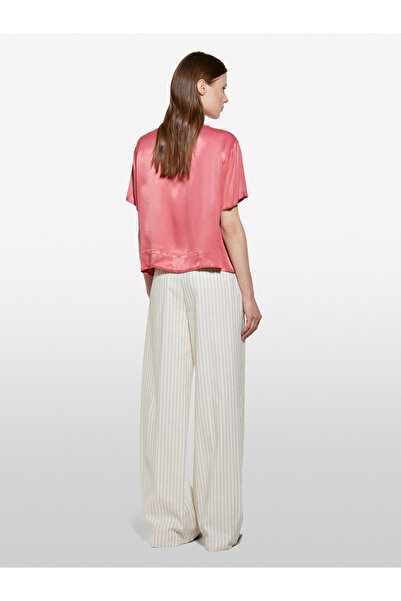 Sisley Women's Dark Pink 100% Viscose Side Slit Oversize Crew Neck Satin Blouse