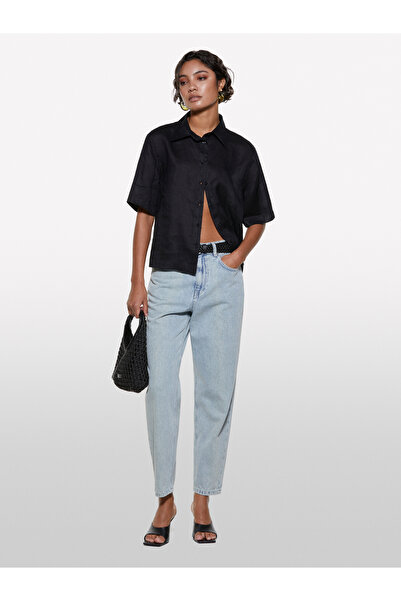 Sisley Γυναικείο λευκό 100% βαμβακερό παντελόνι με πέτρα με κανονική μέση Mom Fit τζιν παντελόνι