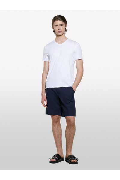 Sisley Men's Dark Navy Blue 100% Cotton Regular Fit Bermuda Shorts with Slit Detail