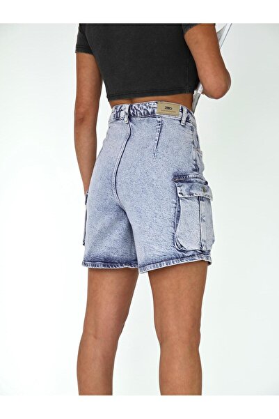 XBELLA DENİM Women's High Waist Cargo Pocket and Clamp Detailed Denim Shorts