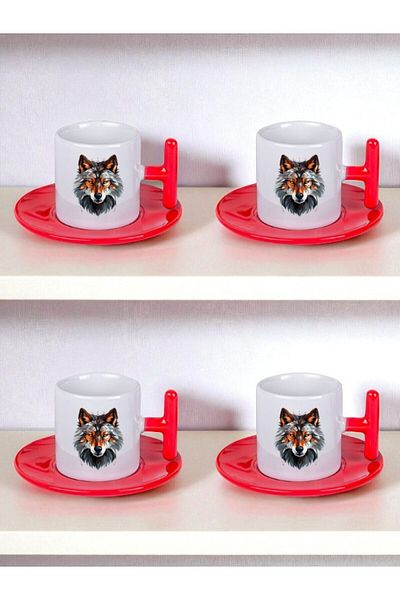 lili hediyelik Modern Wolf Printed Set of 4 Turkish Coffee Cups Coffee Cups