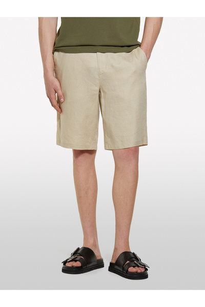 Sisley Men's Beige 100% Linen Slim Fit Bermuda Shorts