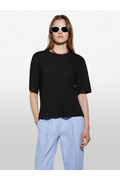 Sisley Γυναικείο μπλουζάκι με λαιμόκοψη από μαύρο λινό μείγμα