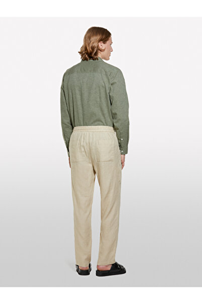 Sisley Men's Beige 100% Linen Waist Drawstring Slim Fit Trousers