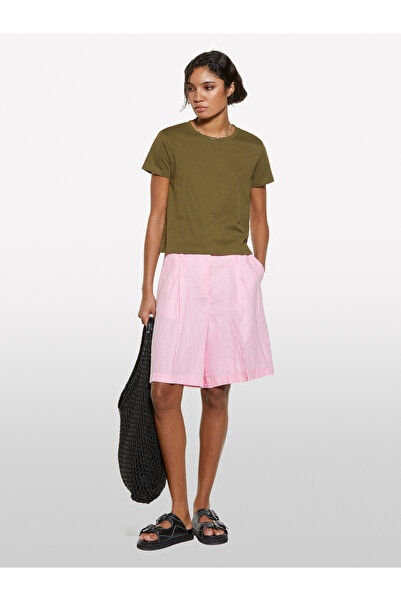 Sisley Women's Light Pink 100% Linen Pleated High Waist Bermuda Shorts