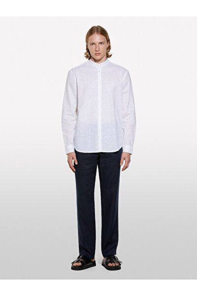 Sisley Ανδρικό πουκάμισο με γιακά δικαστή σε λευκό λινό μείγμα κανονικής εφαρμογής