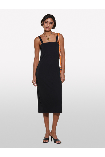 Sisley Women's Black Back Detailed Square Neck Strap Long Dress