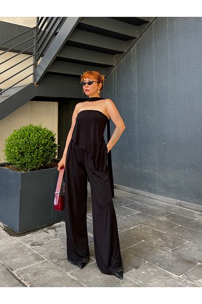 Bak'ap Premium Scarf Strapless Blouse Wide Leg Pants Scarf 3-Piece Black Suit
