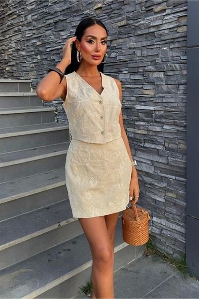 isez Embroidered Vest Shorts Skirt Linen Suit 10226-08