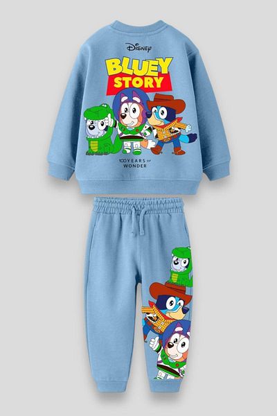 Magu Unisex Kids Blue Bluey Toy Stoyry Patterned Winter 3 Thread Cotton Sweatshirt Tracksuit Top and Bottom Set