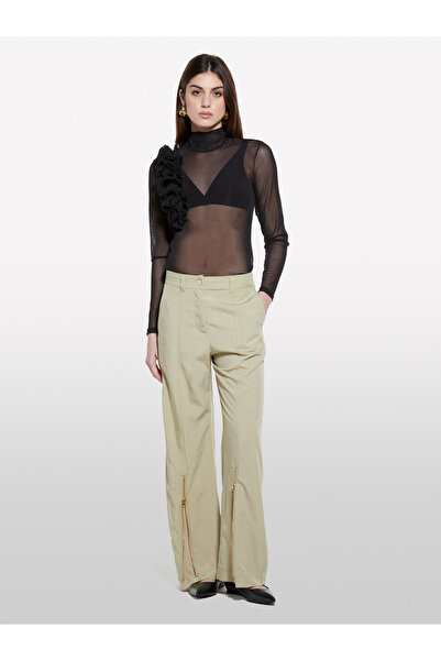 Sisley Women's Dark Beige Viscose Blended Zippered Low Waist Palazzo Pants