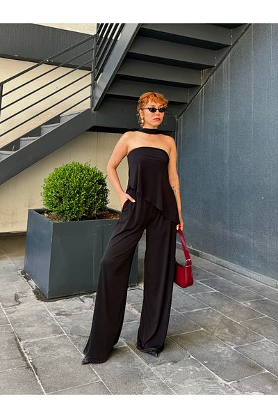 Bak'ap Premium Scarf Strapless Blouse Wide Leg Pants Scarf 3-Piece Black Suit