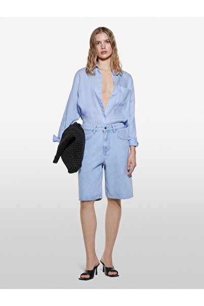 Sisley Kadın Açık Denim %100 Pamuk Düşük Bel Relax Fit Bermuda Denim Şort