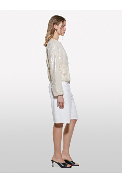 Sisley Kadın Bej %100 Pamuk Düşük Bel Relax Fit Bermuda Denim Şort