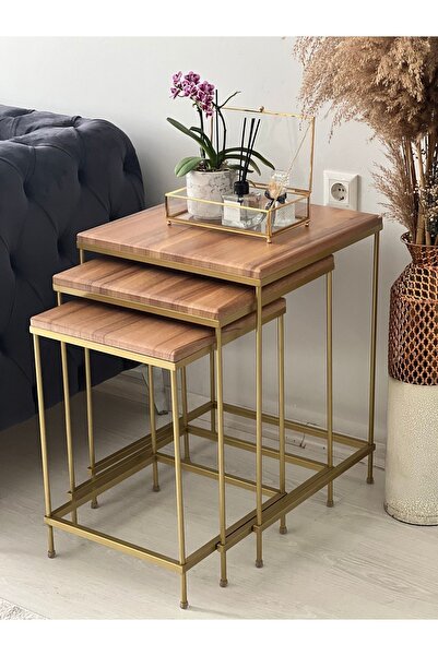 AssuCasa Brad Gold Metal Ceviz Kaplama Zigon Sehpa