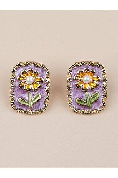 Portakal Esintisi Sunfloria Daisy Motif Vintage Art Earrings with Enameled Pe...