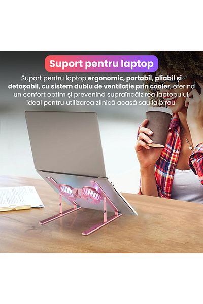 BRAGUS Suport Pliabil Pentru Laptop, C9 Pro, 2 Viteze, Rbg, Laptopuri Pana La 17 Inch, Pliabil, Roz