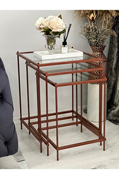 AssuCasa Brad 3'lü Metal Zigon Yan Sehpa Bakır-şeffaf