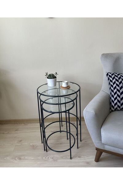 AssuCasa Mars 3'lü Yuvarlak Metal Zigon Yan Sehpa