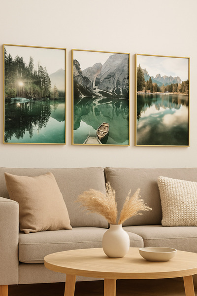 seninürünün Huzurlu Yansımalar - Gerçek Cama Baskı Gold Alüminyum Metal Çerçeveli 3'lü Modern Tablo