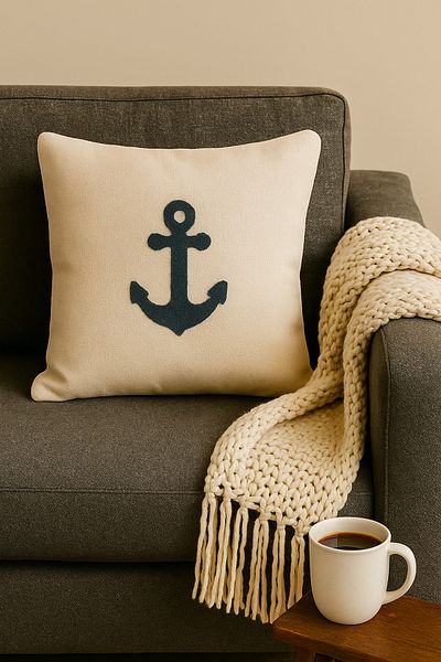 Rivaİstanbul Navy Blue Anchor Straw Look Woven Punch Throw Pillow Cover