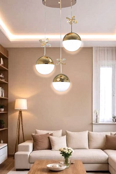 Fer Avize Berfin Modern Design Metal Cafe - Kitchen - Living Room - Gold Color 3-Piece Pendant Lamp Led Chandelier
