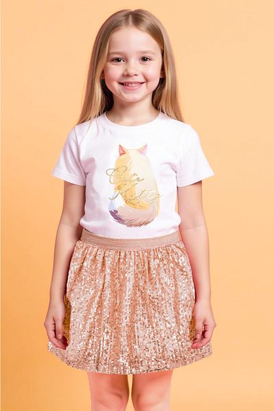Mavipink Girl's Cat Printed Sequin Sequined Skirt 2-Piece Set