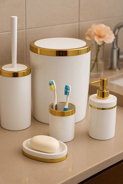 İmera Acrylic 5 Piece Bathroom Set Round Shiny White-gold