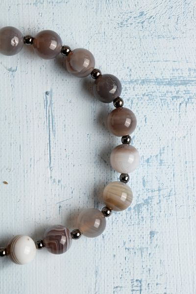 DENİZ Certified Coffee Eye Agate & Hematite Natural Stone Bracelet